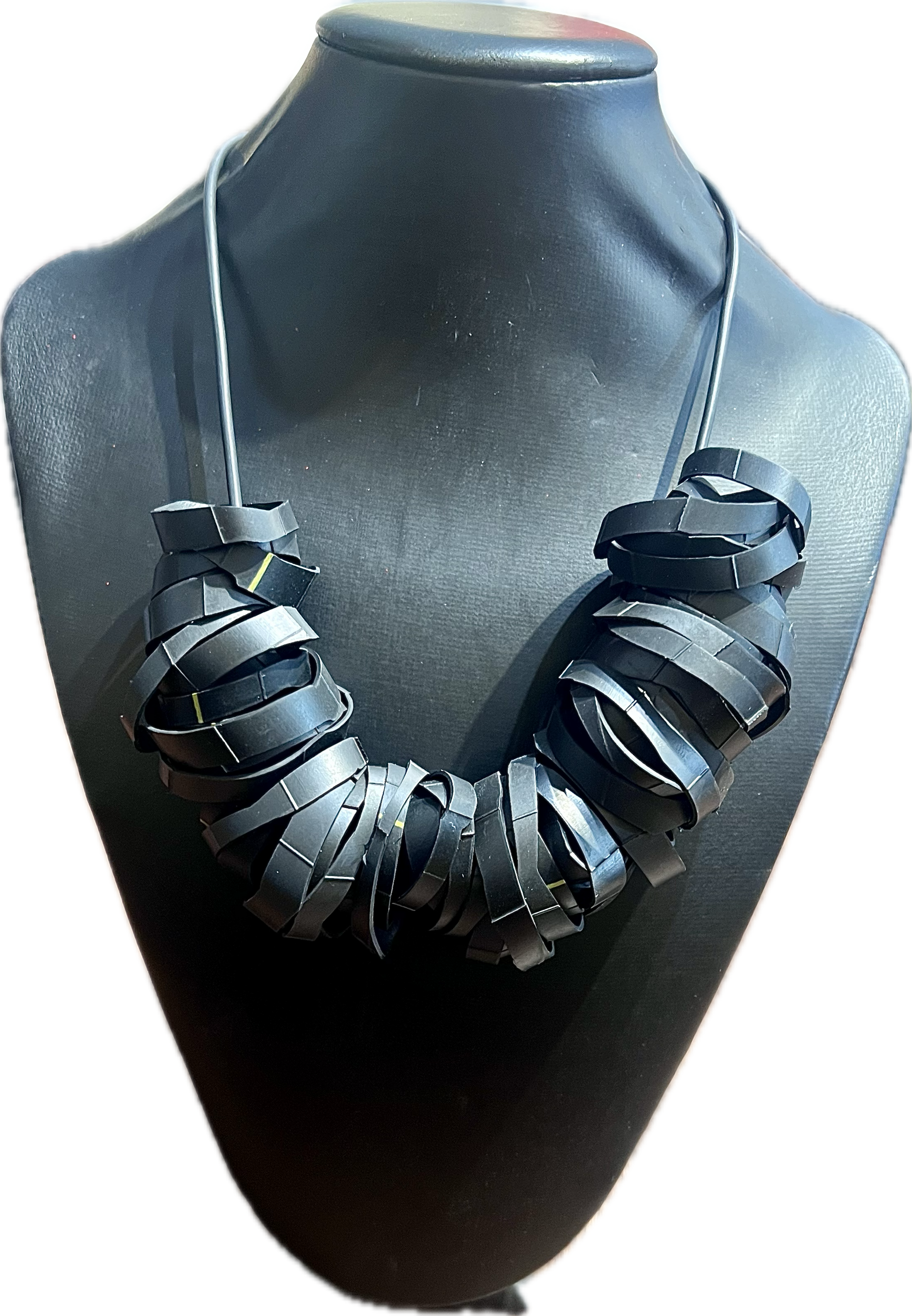 A necklace made from bicycle inner tube