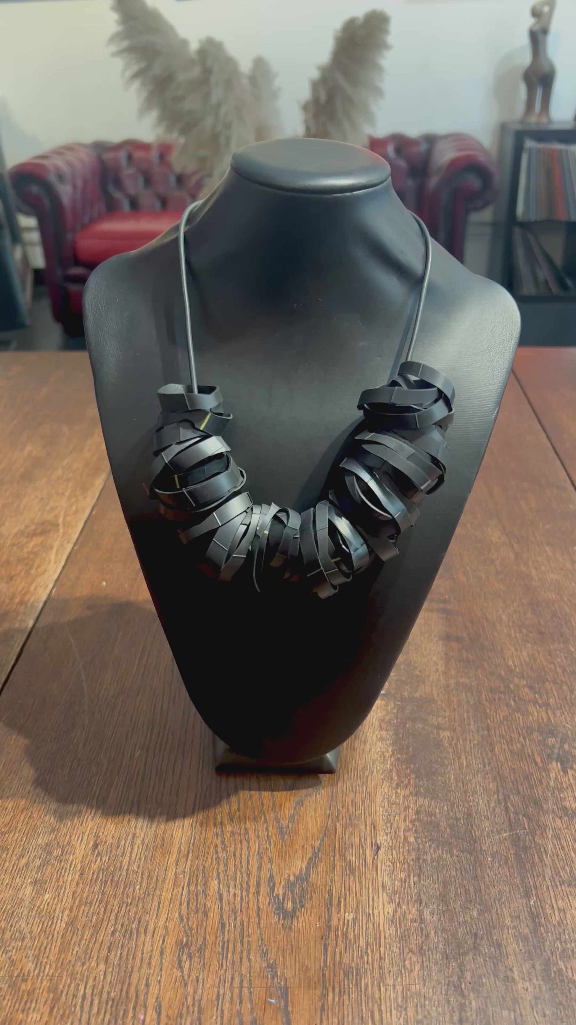 A necklace made from bicycle inner tube