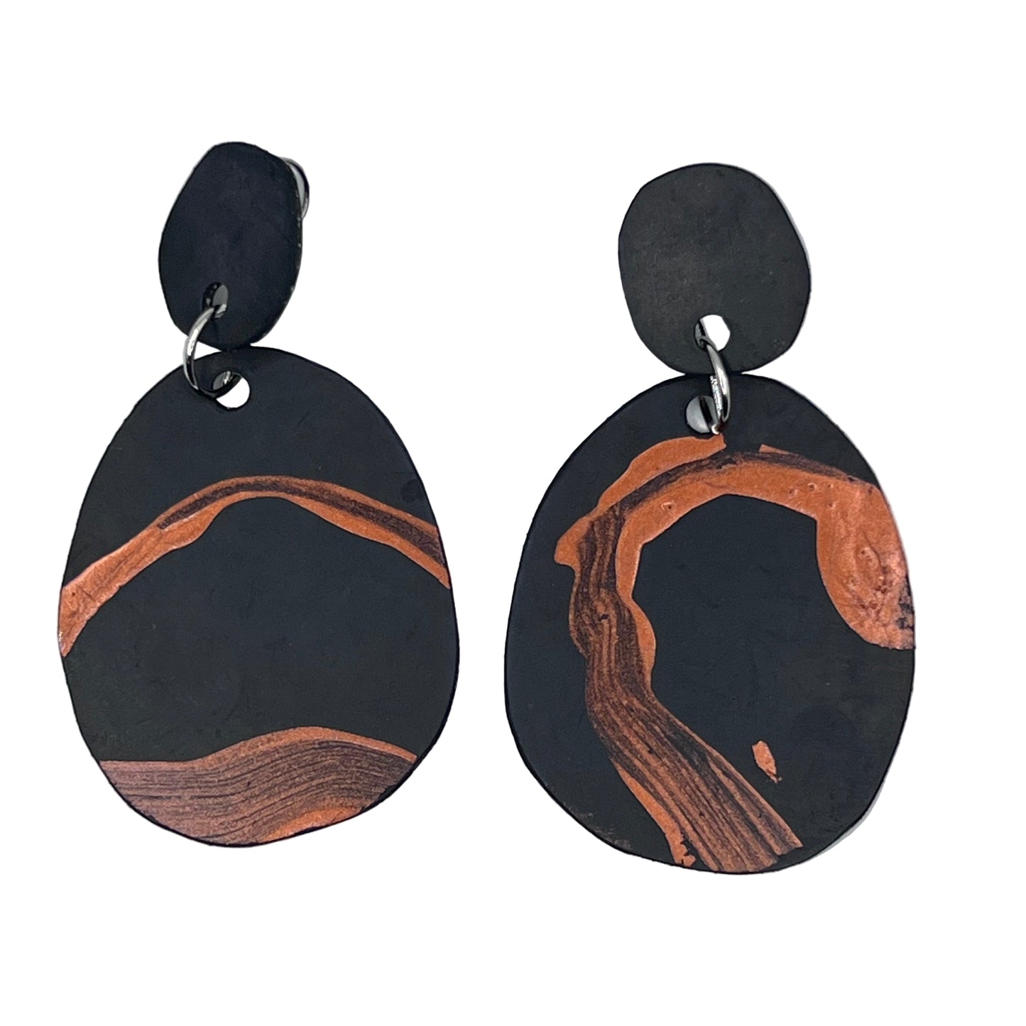Black and copper earrings on a white background