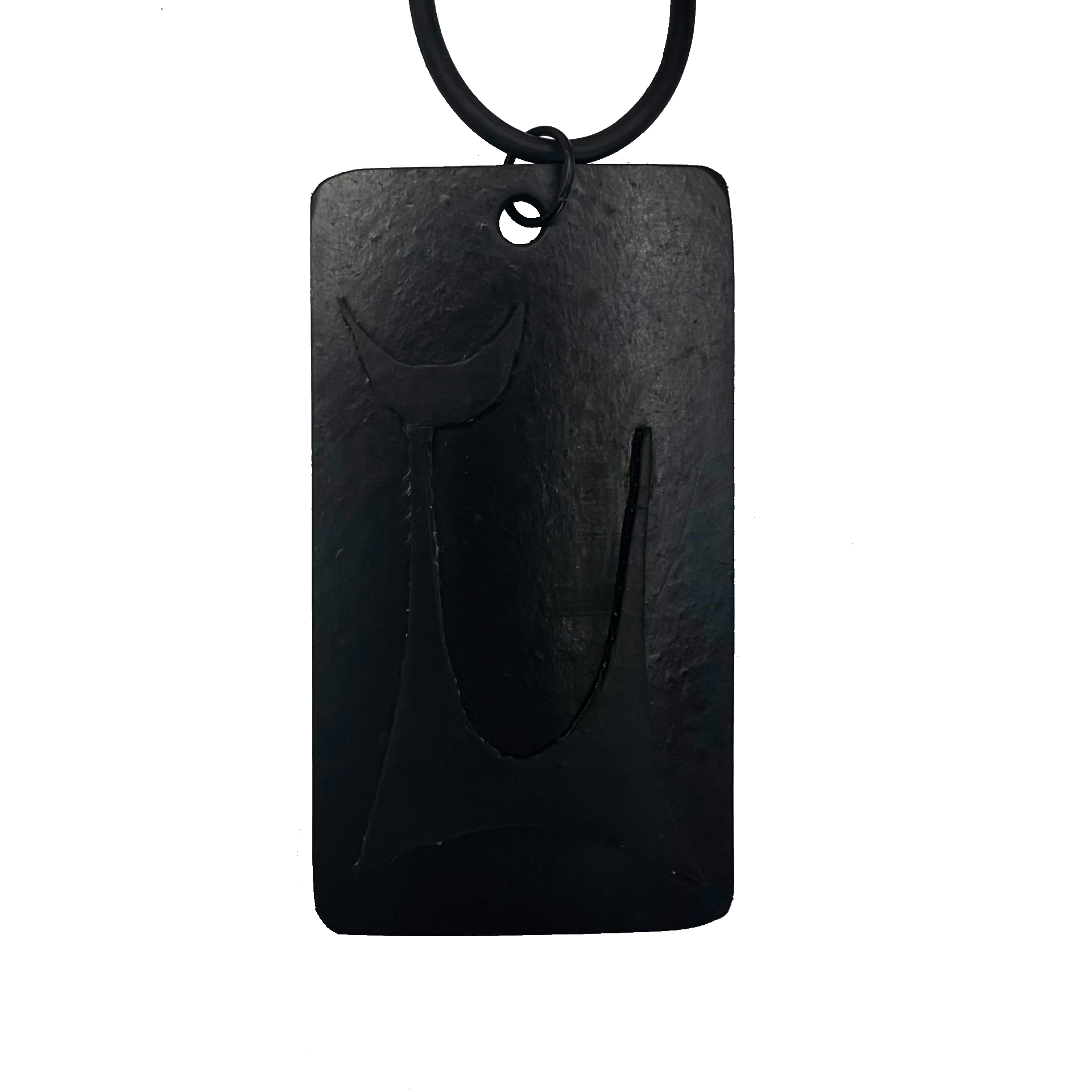 An oblong rubber pendant featuring a mid century style cat