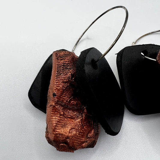 A pair of hoops earrings with black rubber and copper coloured rubber segments