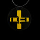 A pendant necklace made from a round rubber disc and a yellow cross cut from advertising plastic