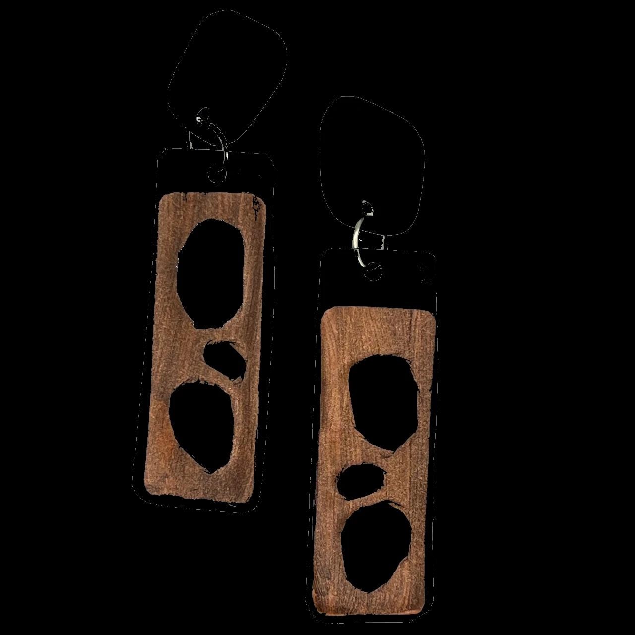 Long dangle earrings with black rubber backing and bronze painted rubber overlay