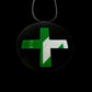 A black round pendant necklace with a feature green and white graphic plastic cross