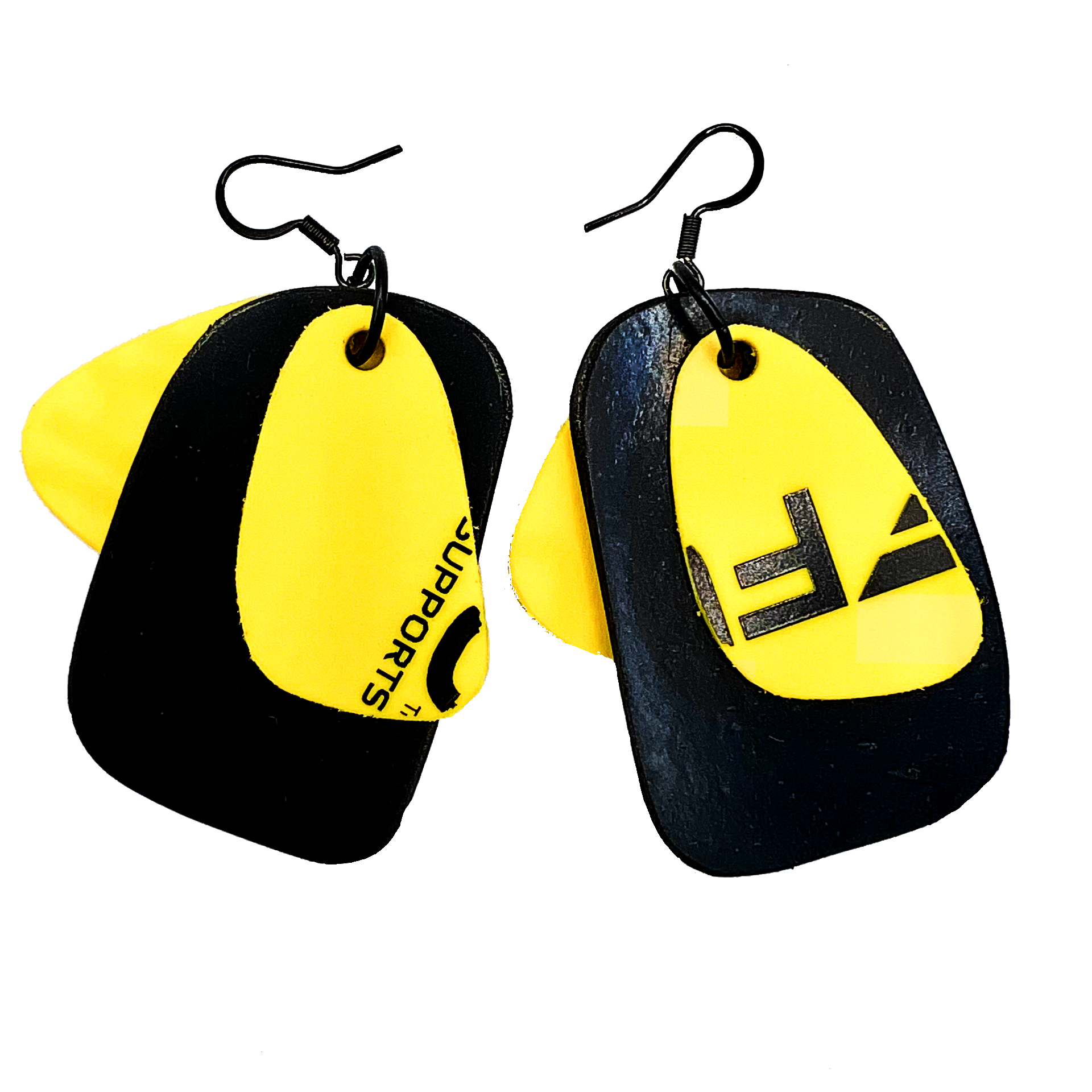 A pair of black and yellow earrings